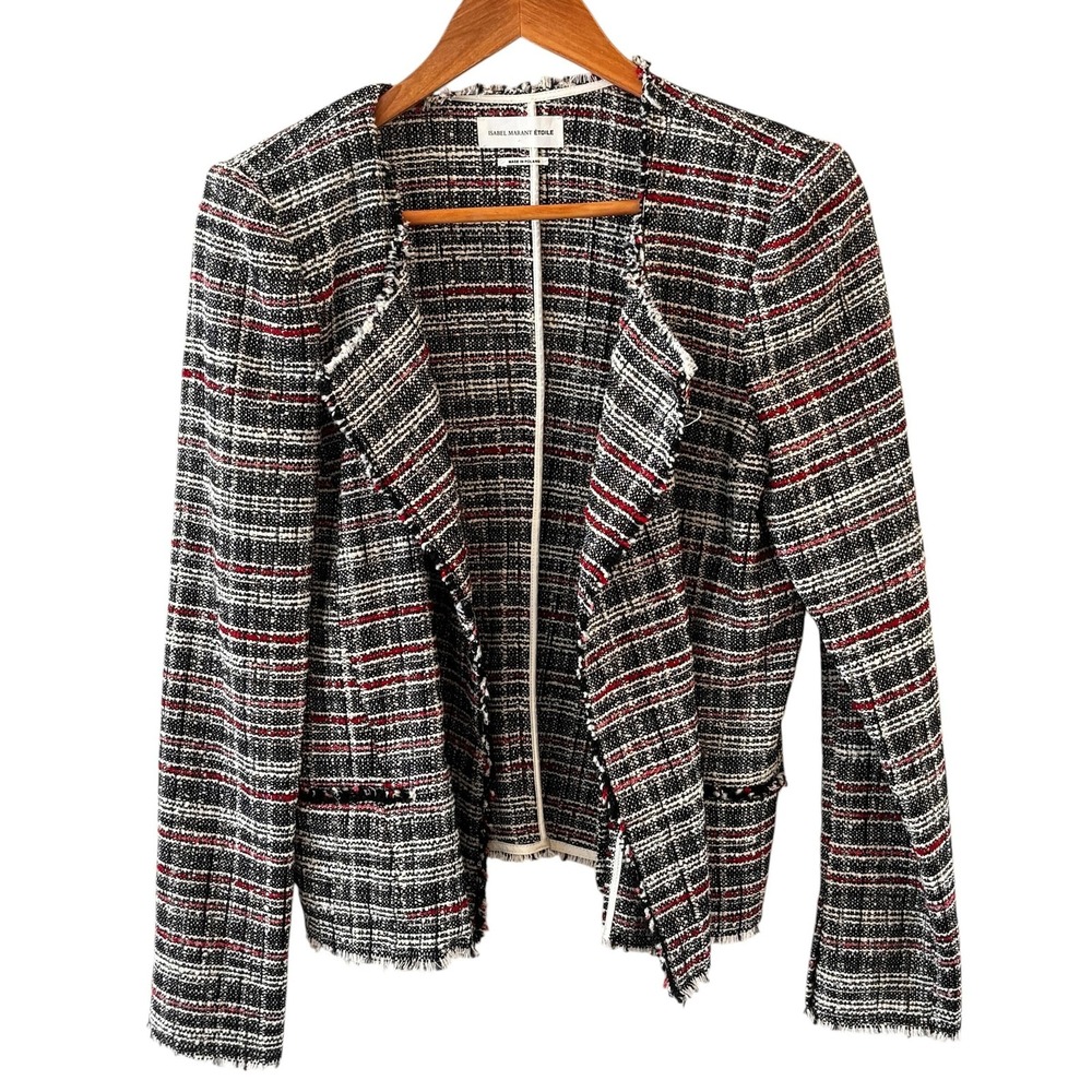Isabel Marant Étoile Tweed Blazer Jacket Womens 42/10 Black Plaid Fringe Classic